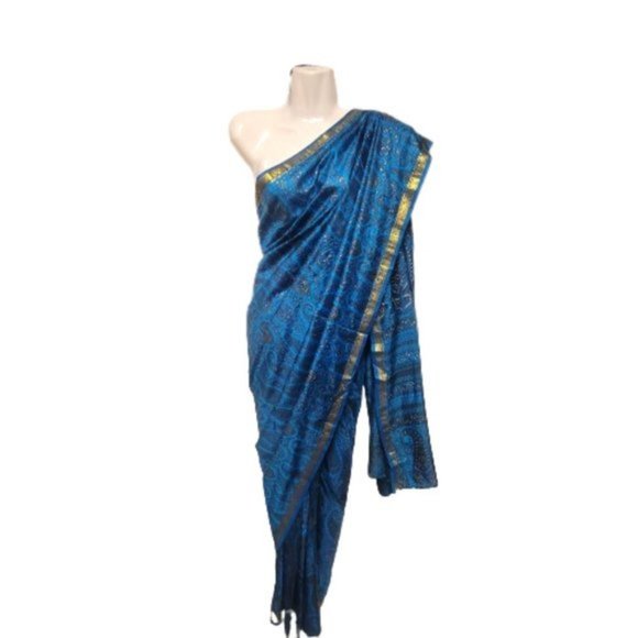 Blue Saree Pre Stitched Pre Pleated with GoldSparkly Accents-  NEW ! - Picture 1 of 12